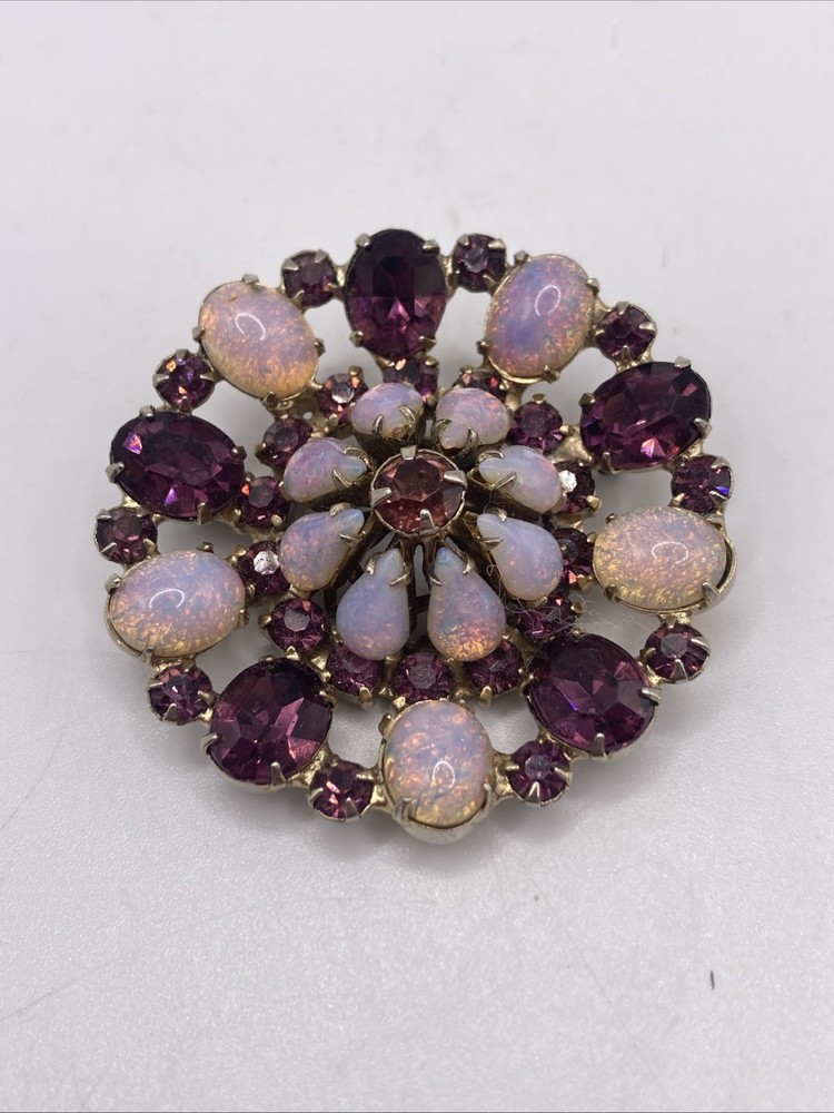 Vintage Signed WIESNER Faux Pink Fire Opal Purple Rhinestone Brooch Pendant