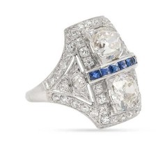 Art Deco Style 3Ct Lab Created Diamond &Sapphire Halo 14K White Gold Finish Ring