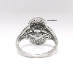 Art Deco Round Lab Created Diamond & Emerald Wedding 14K White Gold Plated Ring