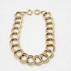 Fancy Double Circular Link Fancy Curb Shiny Gold Tone Vintage Chain Bracelet