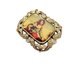 1928 Brand Lady Photo Brooch Clear Rhinestone Pin Signed, C886