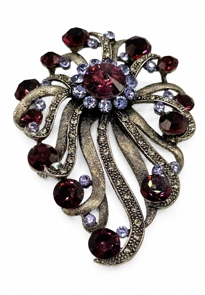 Vintage Signed ROM Large Purple Rhinestone Spray Brooch Pin 3” Amethyst Sunburst