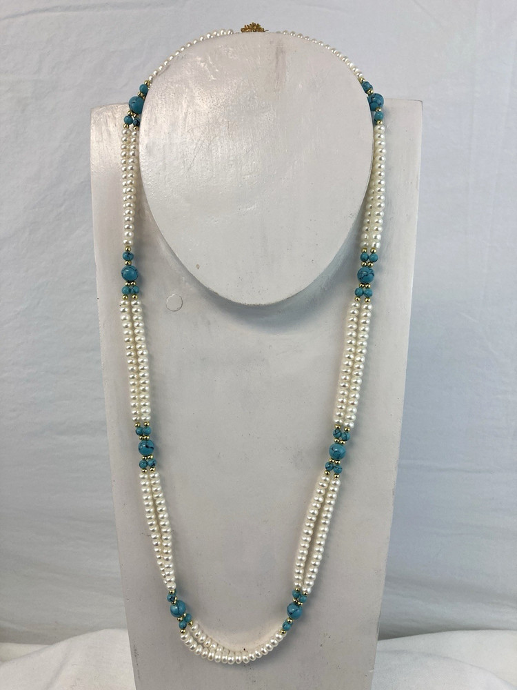 Pearl And Turquoise Station Strand Necklace Gold Tone Clasp Vintage 28”