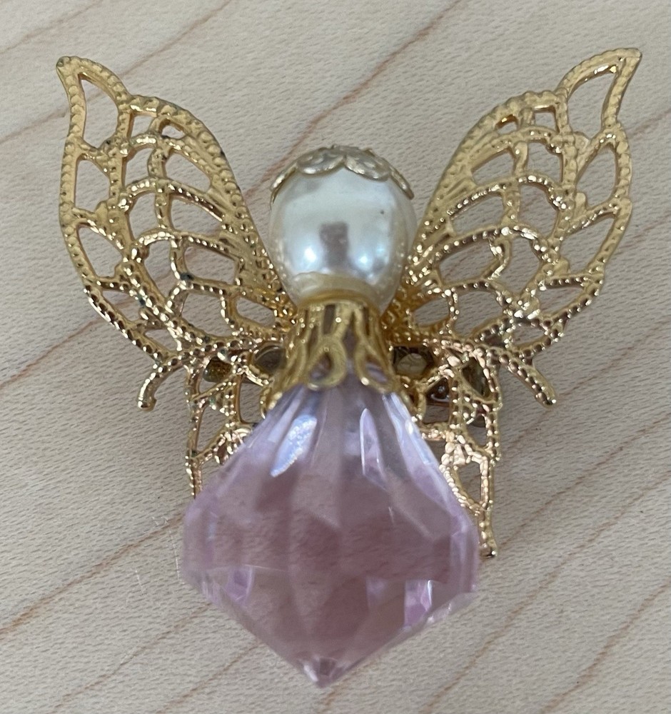 Vintage Christmas Angel Brooch Pink Stone Gold-tone Faux Pearl