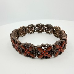 Vintage Boho Floral Bracelet Burnished Copper with Red Stones