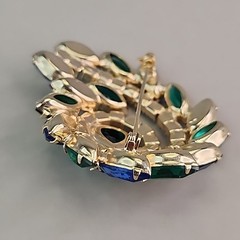Vintage Rhinestone Brooch Blue Green AB Swirl Gold Tone 2.25″