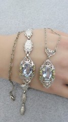 Antique Necklace Bracelet Silver Filigree Purple Stones Rose Gold Accent Flower