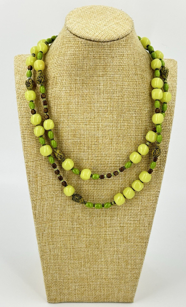 Chicos Long Yellow Green Brown Acrylic Bead Necklace 37-41 Inch