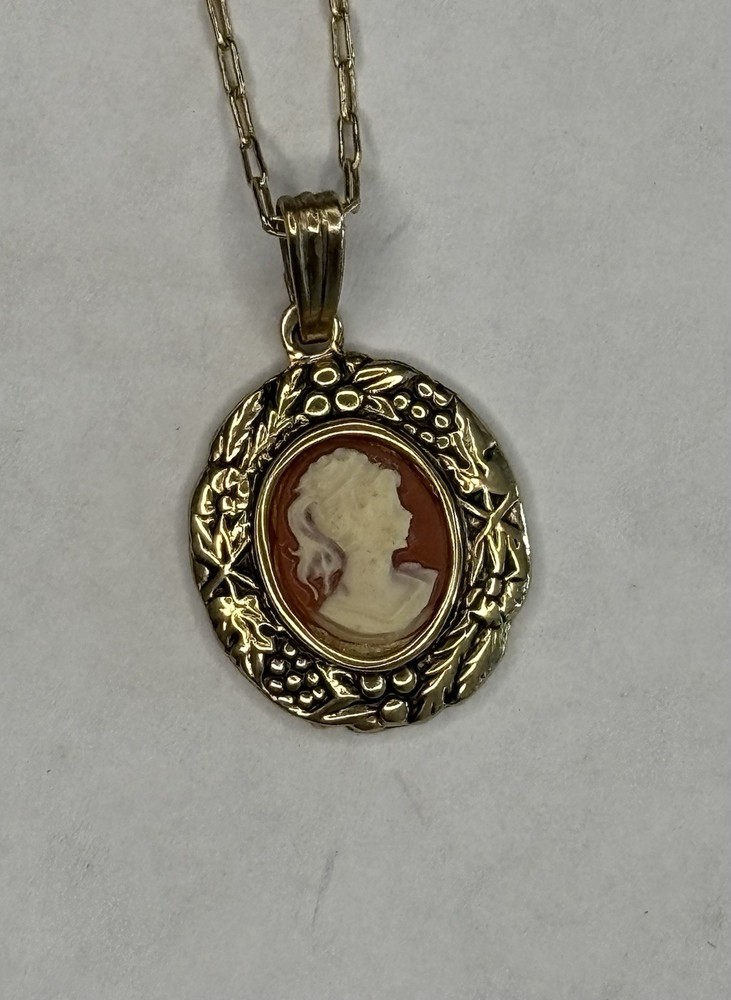 Vintage Cameo Pendant On Gold Tone Chain, Approximately 16”