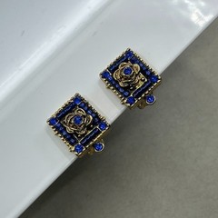 Vintage Blue and Gold Beaded Clip-On Earrings – Flower with Blue Beads and Gems