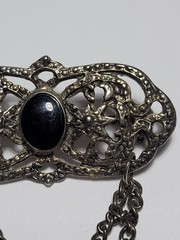 Vintage Style Ornate Metal Brooch Pin Black Agate Onyx Stone Chains Gothic…