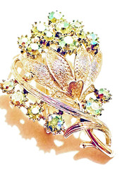 Signed Coro Green AB Rhinestone Floral Brooch 2 1/4″ Silver Tone Pin
