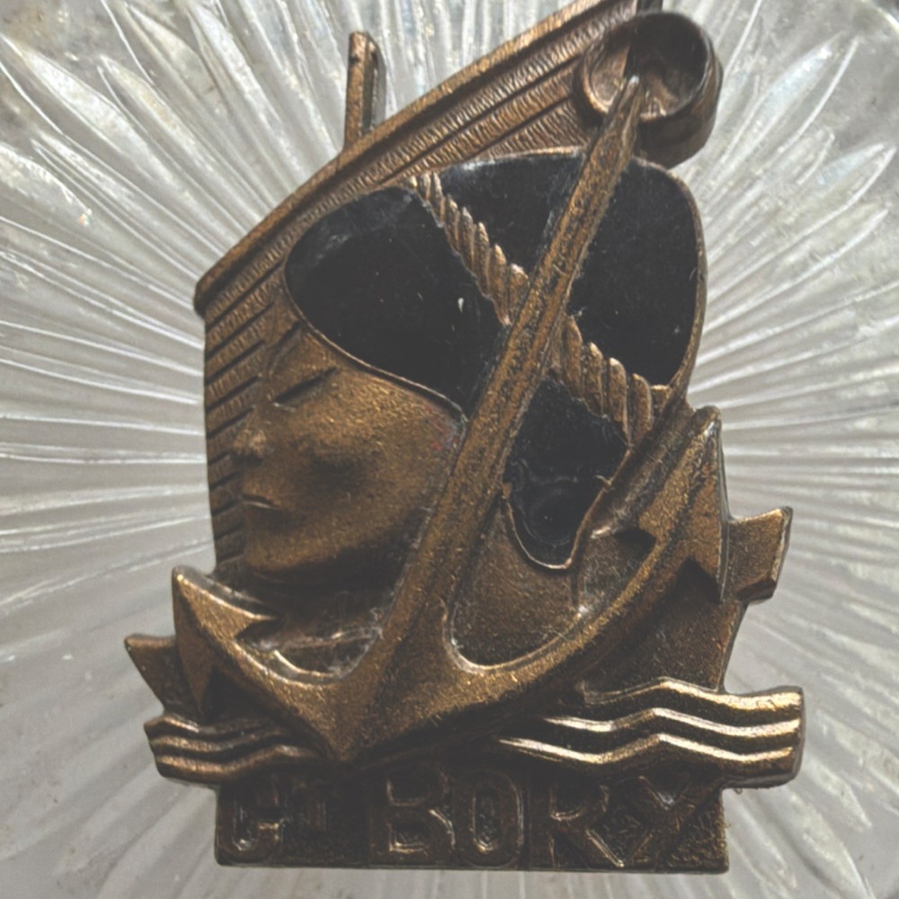 AUGIS LYON Signed Vintage Nautical Commandant Bory escort ship badge.