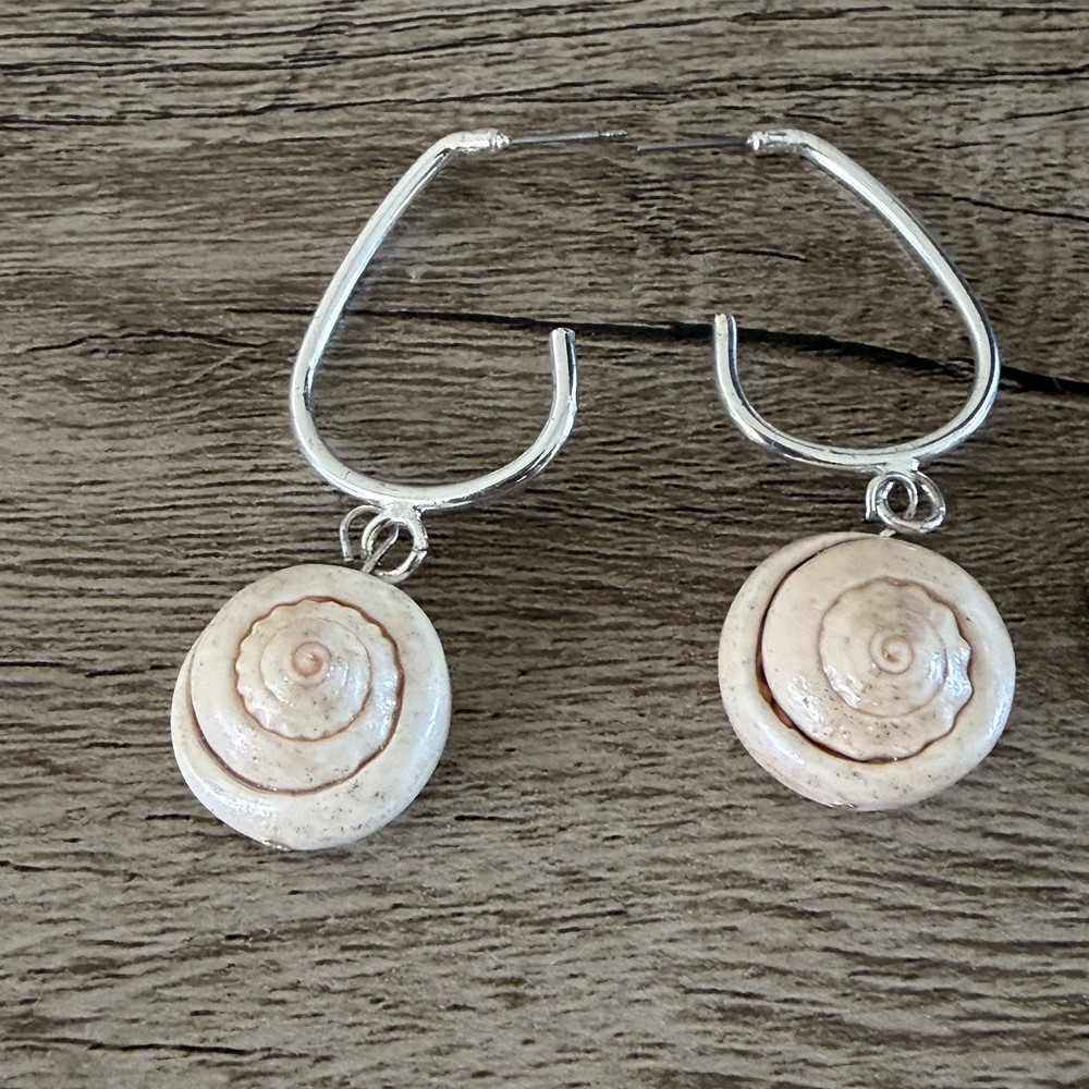 Vintage Natural Shiva Eye Seashell Dangle Earrings Iridescent Spiral Shell Beach
