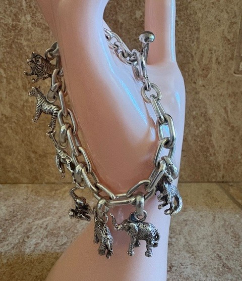 NIB Vintage Neiman Marcus FineArt 925 Silver Jungle Animals Charm Bracelet 70.3g