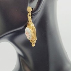 Art Deco Hand Painted Signed Rose Gold Tone Victorian Frame MCM Pierced Earrings