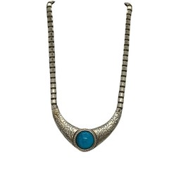 BIB 20” Necklace Silver Metal Bead Turquoise Plastic Stone Fashion Jewelry Gift