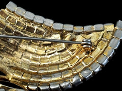 VTG 1950s Gold Tn Multi-Blue NAVETTE & AB Rhinestone SWAG SWOOP Pin Brooch 3.25″