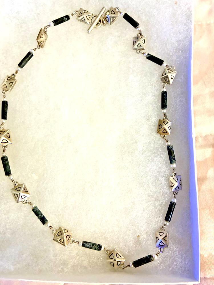 Vintage sterling silver and black onyx necklace, 19 inches long.