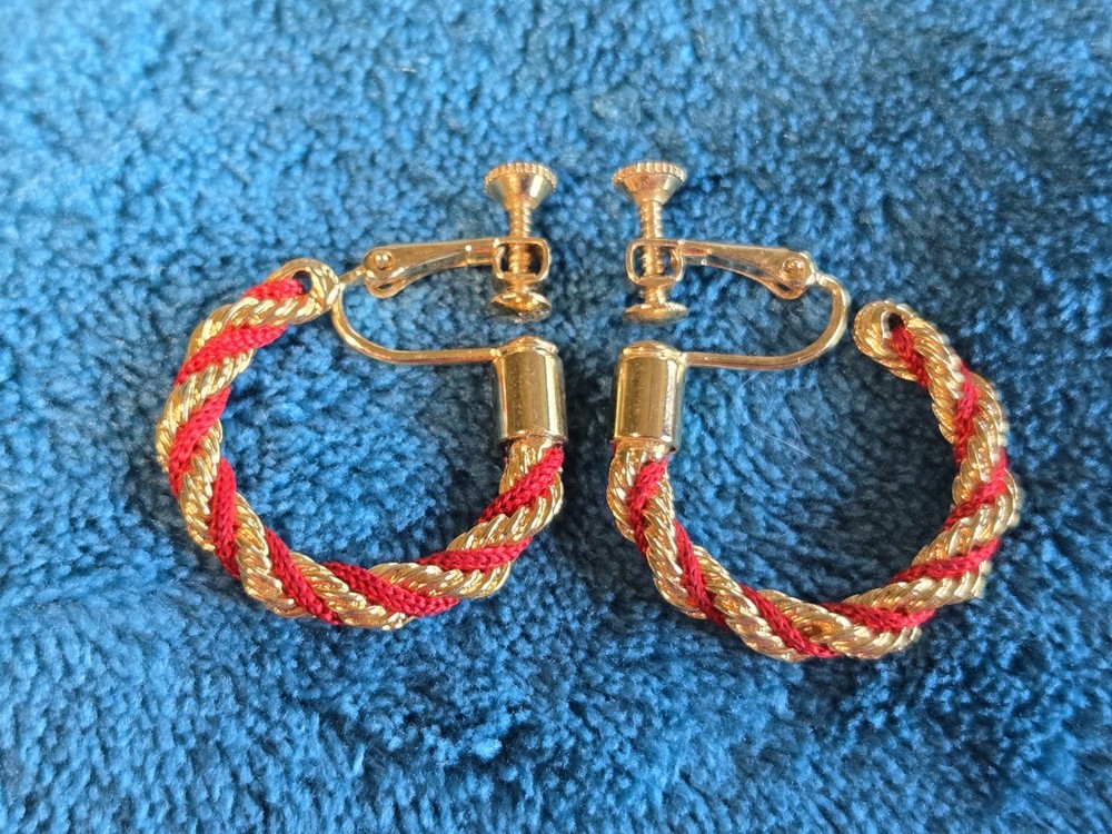 Vintage Napier Twisted Hoop Earrings Red Cord Gold Plated Clip On Screw Back