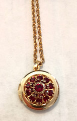 VTG Red Rhinestone Flower Design Gold-Tone Round locket Necklace