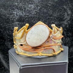 Vintage Brutalist Cuff Bracelet Mixed Metals Polished Stone 6.5”