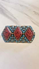 Vintage Nepal Brooch Pin Brass Coral & Turquoise Inlay Tibetan Tribal Jewelry