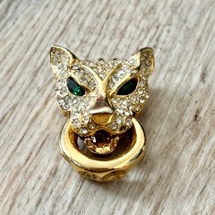Vtg Green Eyed Cat Cougar Jaguar Statement Necklace Clasp Gold Tone Missing Gems