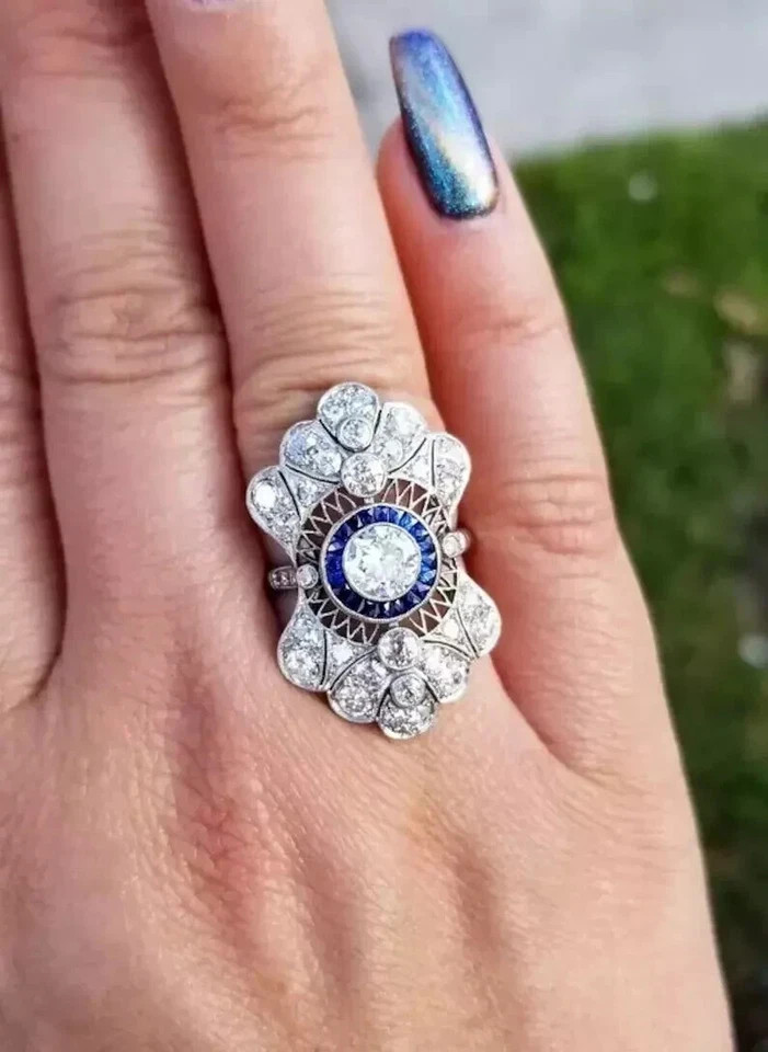 Cocktail Filigree Style Lab Created Diamond Art Deco Engagement 14K Gold FN Ring