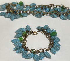 Vintage Grapes & Leaves Glass Neckace Bracelet Earrings In 14k B-on Brass Chain