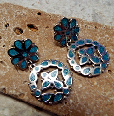 Vintage TRIFARI Dangle Earrings – Silver Tone- Flush Inlay Faux Turquoise