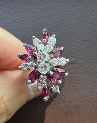 VINTAGE 14K WHITE GOLD RUBIES DIAMONDS CLUSTER SPRAY COCKTAIL RING STATEMENT