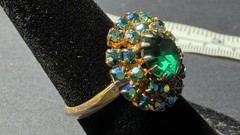 Vintage Emerald Aurora Borealis Rhinestone Adjustable Band Ring Costume Jewelry