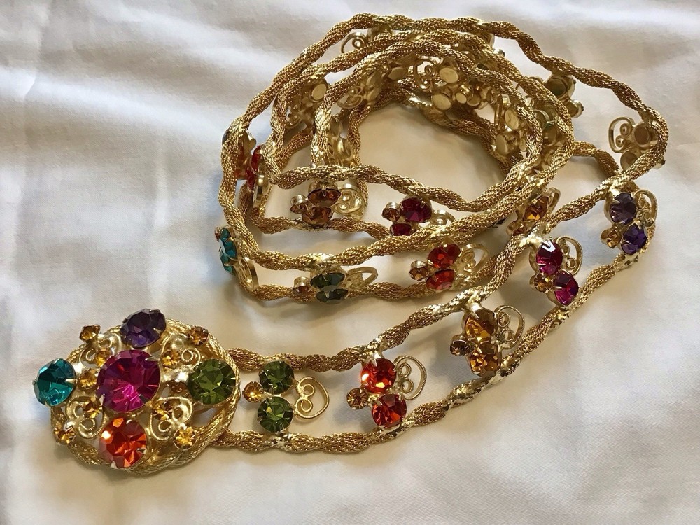 RARE VINTAGE JULIANA DELIZZA ELSTER RHINESTONE SCROLLWORK TWISTED MESH BELT