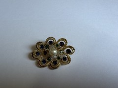 Gold Tone Blue & Green Crystal Rhinestone White Faux Pearl Pin