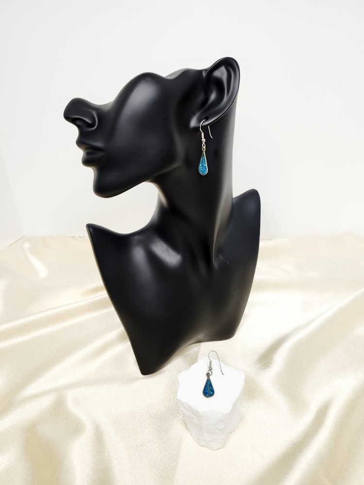 Vintage Pair Crushed Turquoise Mexico Nickel Silver Dangle Drop Earrings