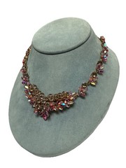 MADE IN AUSTRIA VINTAGE PINK CRYSTAL FACADE GOLD TONE NECKLACE SIGNED 13.5-15.5”