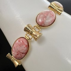 Vintage Gold Tone Mottled Pink Confetti Cabochon Link Bracelet Retro Mid Century