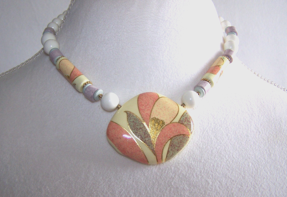 Floral Pendant Necklace Marked Japan Plastic & Stone Beads 19 In. End to End