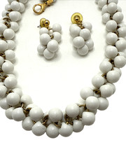 Vintage Lady Remington White Beaded Collar Necklace Earring Set Signed LR 19”