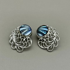 Sarah Coventry Vintage Carousel Earrings Blue Cabochon Silver Tone Filigree Clip