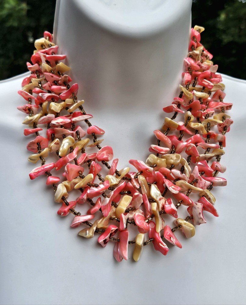 Vintage Hot Pinks Polished Shells Necklace Japan Hook Clasp Multi Strand Japan