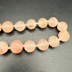 Chinese Export Blush Pink Carved Rose Quartz Necklace Floral Pendant 17 Inches