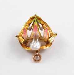 14k Gold Krementz Enamel Diamond Pearl Brooch Watch Pin Pendant