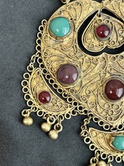 Vintage Brass Persian Kashmir Gemstone Necklace Hammered Bib Statement No Chain