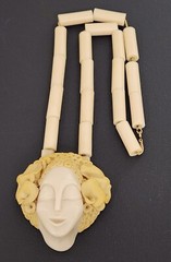 June Metaxides Art Nouveau Resin Figural Beauty Pendant Bead Necklace GF Chain