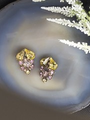 Vtg Yellow Lavender Czech Glass Rhinestone Clip On Earrings