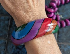 Vintage 80s Matching Necklace And Bangle Bracelet Painted Wood Set