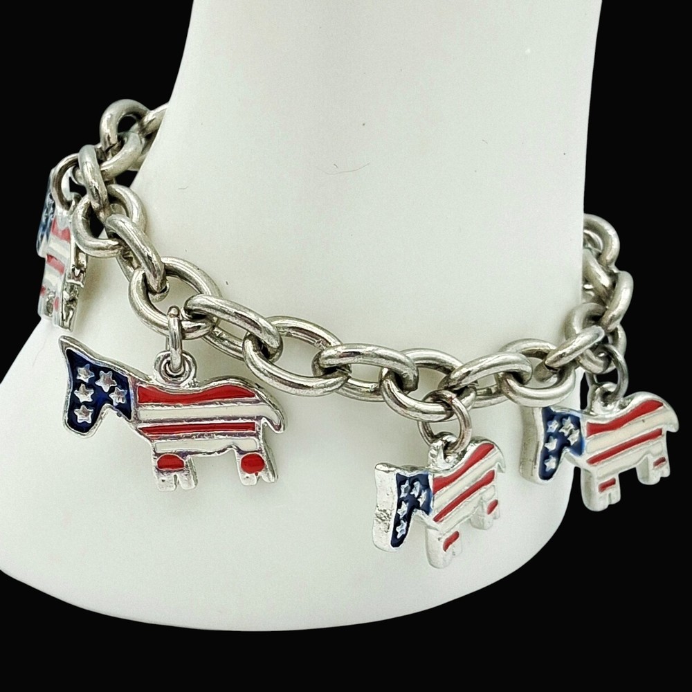 Vtg Cookie Lee Donkey Charm Bracelet 7–7.5″ Red White Blue Toggle VGC