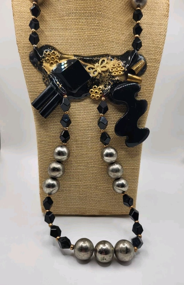 Signed Artist Made Kyna Black Lucite Large Beaded Unusual Double Sided Necklace